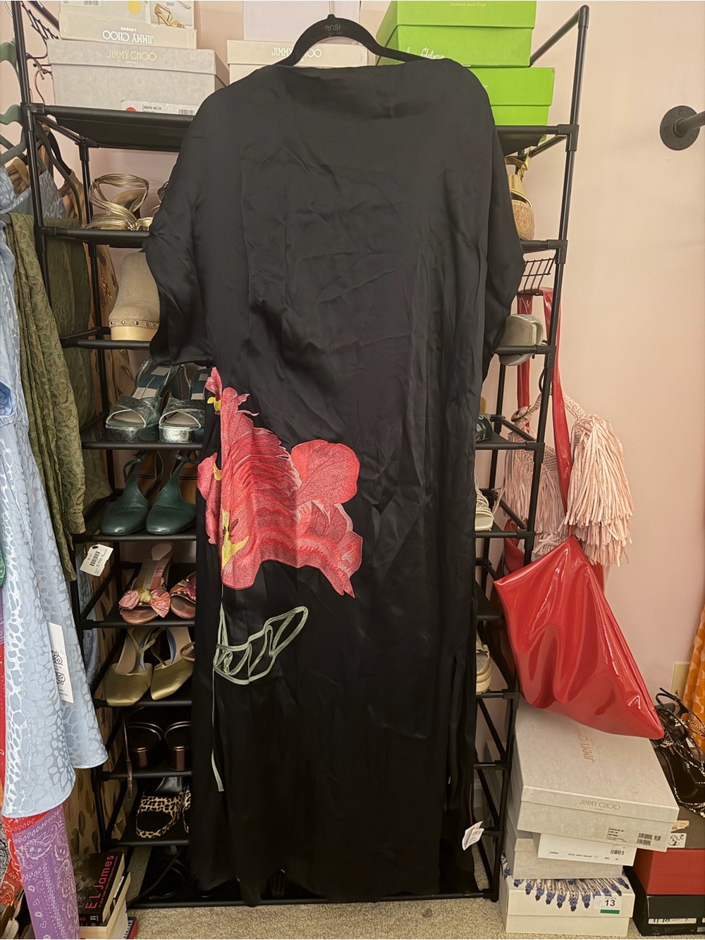 Black Maxi Dress with Pink Floral Embroidery - Women